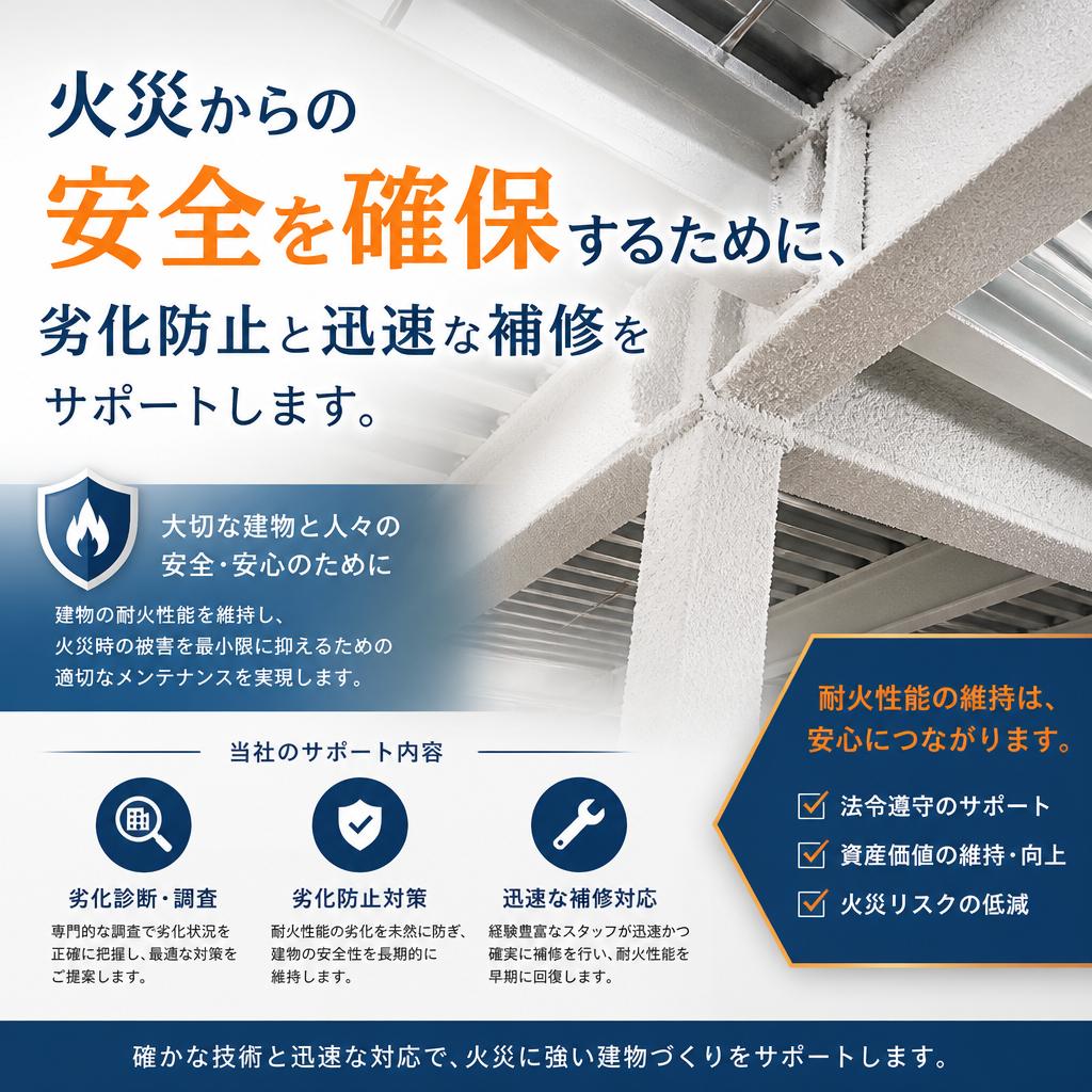 火災からの安全を確保するために、劣化防止と迅速な補修をサポートします。